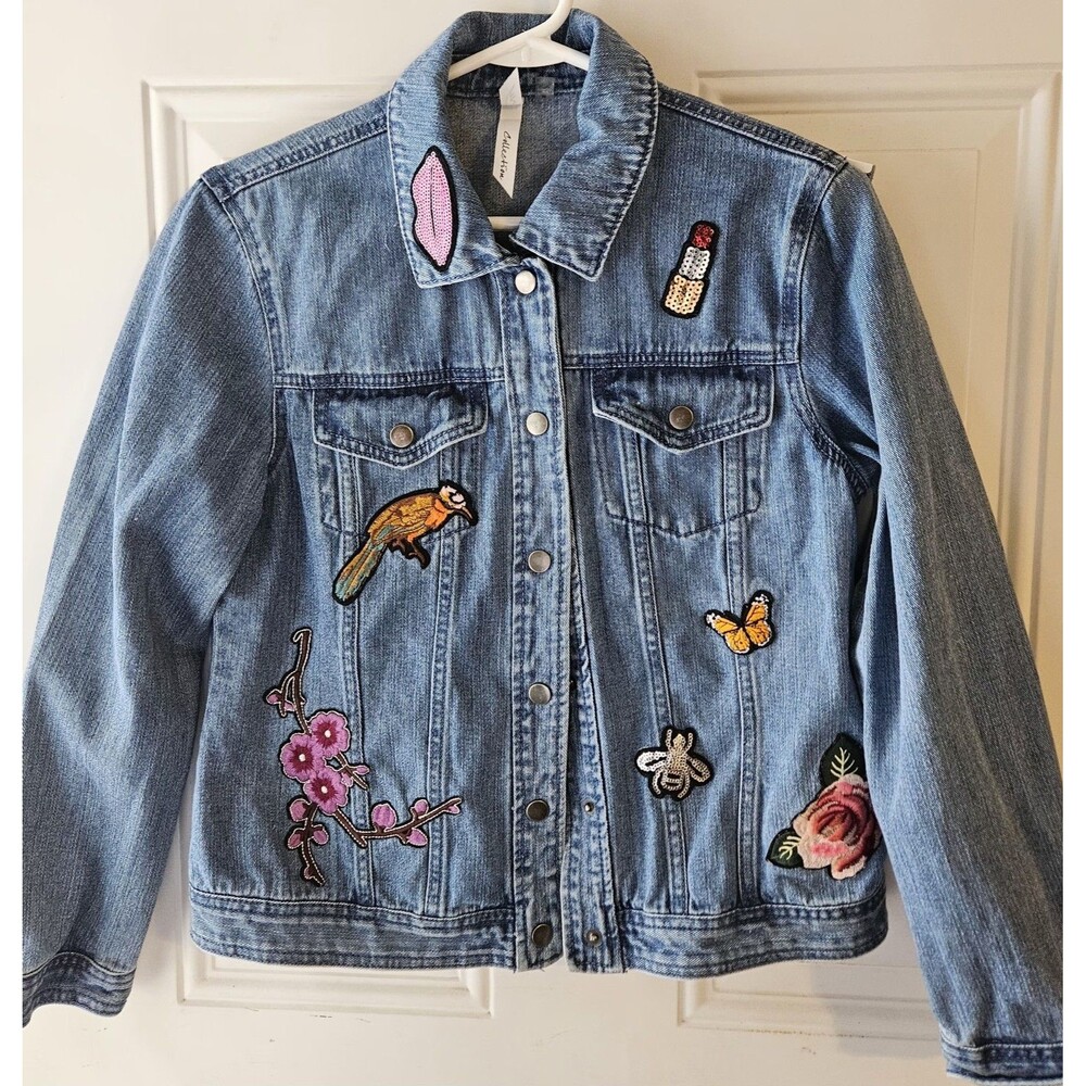 NY Collection Blue Embroidered Collared DENIM Jacket Women’s Size M